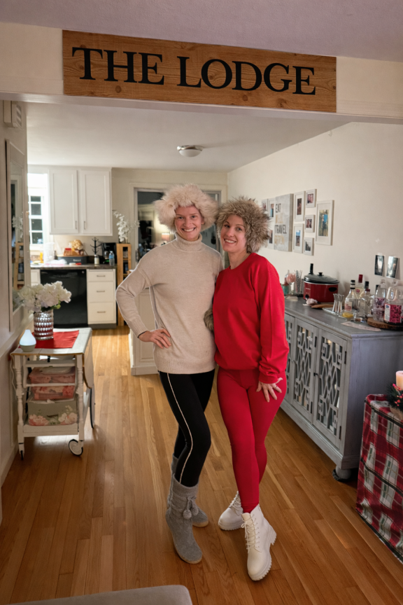 Two women dressed in Ski Après outfits