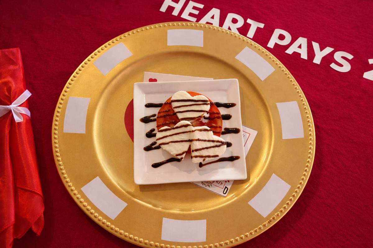 Caprese Heart Salad on a gold plate